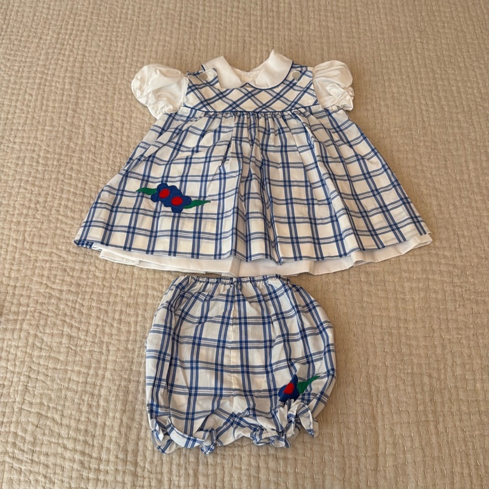 Vintage 1980s blue and white dress with embroidered flowers & matching bloomers